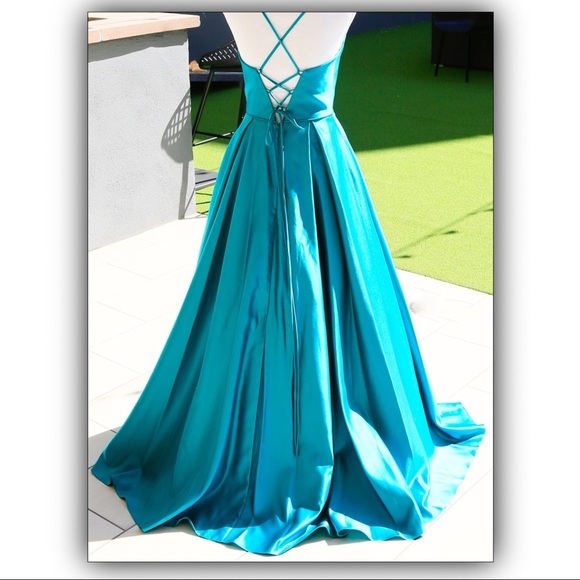 Evening Gown – Blondie Nites – Teal – Satin Ball Gown Lace‑Up Back w/ Pockets 3 - Picture 10 of 16